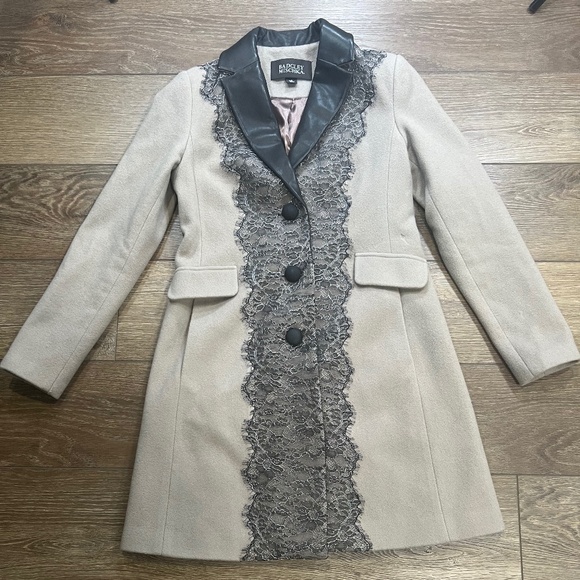 Badgley Mischka Jackets & Blazers - Badgley Mischa Wool Dress Coat Mixed Media Lace Leather Accents Sz S Taupe/Black